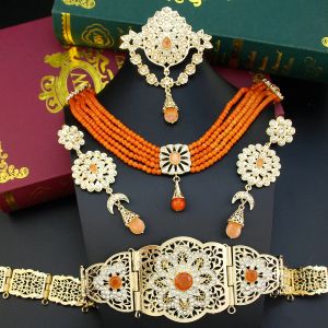 Halsband solspicems marocko brud smyckesuppsättningar för kvinnor guld färg midje kedje bälte orange kristall choker halsband dropp örhänge brosch