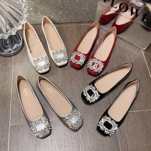Casual Shoes 2024 Sparkling Rhinestone Woman Silver Japanned Leather Flats Square Toe Slip On Ladies Ballets Office Dress Loafers Femme