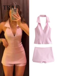 Traf kvinnor casual kjolar shorts set chic halter skjorta nacken rygglös topp söt rosa sommar sexiga uppsättningar 240419