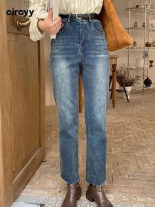 Jeans femininos Circyy Mulheres de cintura alta calça jeans Comprimento do tornozelo 2024 azul marinho vintage solto reto