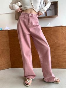 Women's Jeans American Pink Loose High Waist Summer Street Style Pants Young Girls Straight Wide Leg Denim Trousers