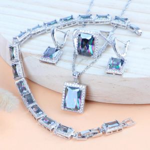 Strands Natural 925 Silver Brdal Gioielli Set di orecchini zirconi arcobaleno magici Bracciale Anello a pendente Gioielli da sposa Set per donne