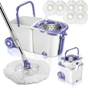 Floor Spin Mop Bucket System with Wringer Set - Stainless Steel Handle Separate Clean and Dirty Water 4 Washable Microfibe 240418