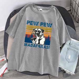 Camisetas masculinas engraçadas pew madafakas cão legal impressão feminina camiseta de verão em casa solta de manga curta 2024 feminina