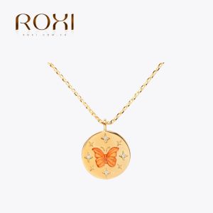 Necklaces ROXI 925 Sterling Silver Necklace Round Ciecle Micro Inlaid CZ Butterfly Pattern Enamel Pendant Necklace For Women Collier Femme