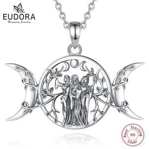 Necklaces Eudora 925 Sterling Silver Triple Moon Goddess Necklace Vintage Hecate Amulet Pendant Triple Goddess Jewelry Gift for Women Man