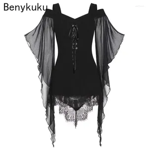 Women's Blouses Gothic Clothes Large Swing Sleeve Irregular LaceTop Strap Chiffon Bandage Shirt For Hallowmas Holiday Party Medieval Costume