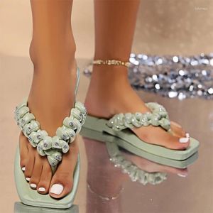 Slippers Women Flats Square Toe Weave Sandals Summer Clip Shoes 2024 Designer Flip Flops Slingback Chaussures Femme Slides