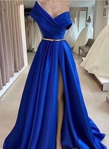 Bir omuz kraliyet mavi gece elbise saten dubai yüksek yan yarık altın kemer resmi balo elbisesi parti gece vestido de fiesta de boda