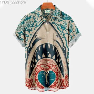 Herrskjortor Nya herr 3D -djurkläderknapp Kortärmad Lapel Street Clothing Haian Shark Shirt YQ240422