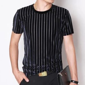 Summer Striped Ice Silk Fabric Tops Mens Round Neck Jacquard Weave Velour Clothes Men Fashion Hollow T-shirt 240418