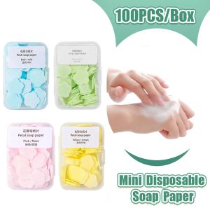 Yemekler 100 PCS/Kutu Tek Kullanım Sabun Kağıdı Uygun Seyahat Sabunu Dezenfekte Sabun Kağıt Yıkama El Banyo Temiz Kokulu Mini Kağıt Dilim Sabun