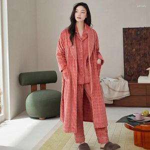 Frauen Nachtwäsche V-Ausschnitt Gürtel Flanellrobengürtel Badebadbobhermal warmes Pyjama-Sets mit Tasche dreiteiliger Hausanzug Winter Winter