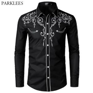 T-shirts Stylish Western Cowboy Shirt Men Brand Design Embroidery Slim Fit Casual Long Sleeve Shirts Mens Wedding Party Shirt for Male