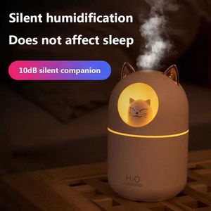 Humidifiers 300ML air humidifier cute cartoon cat fragrance diffuser with glow USB cold fog generator suitable for household car air purifier freshener Y240422