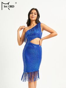 Повседневные платья Missord Elegant Blue Fringe Short Dress Женщины одно плечо без рукавов талия вырез с блестками Bodycon Mini Part