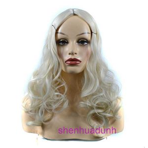 Designer mänskliga peruker hår för kvinnor peruk huvudbonad vit split bangs långa lockiga stora våg beige peruk