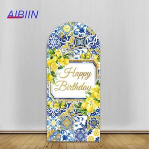 Decoração de festa Aibiin Arch Capa de cenário de feliz aniversário decoração azul ladrilho floral bebês retrato retrato bolo de bolo de mesa