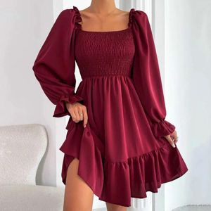 Vestidos casuais primavera outono feminino plissado embrulhado mini vestido colar quadrado colar de manga comprida na cintura alta cor de bainha solta cor sólida