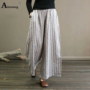 여성용 바지 Capris 2024 New Summer Cotton Linen Wide Leg Pants 큰 큰 4xl 5xL 여성 캐주얼 스탠드 포켓 바지 암컷 빈티지 스트라이프 바지 Y240422