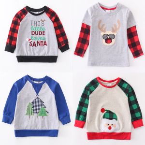 T-shirts Girlymax Christmas Little Dude Loves Santa Plaid gingham pojkar långa ärmar topp boutique bomull tshirts barnkläder