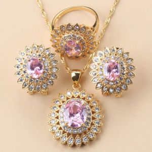 Halsketten Afrikanische Frauen Hochzeitszubehör 925 Mark rosa Zirkonia Sonnenblumenklammohrringe und Halskettenring Gold Farbe große Schmucksets