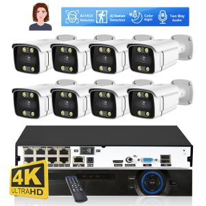 Lens 8ch Poe NVR 4K Security Camera System 8MP Face Detect Color Night Vision IP Camera Poe 2K Tvåvägs Audio Video Surveillance Set