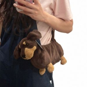 carto Dachshund Dog Shape Plush Shoulder Bag for Women Kawaii Simulati Animal Crossbody Bag Designer Ladies Mini Menger u0al#