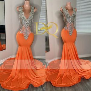Fancy Orange Sier Rhinestone Prom para Blackgirls Tassels African Mermiad Birthday Party Dress Vestido