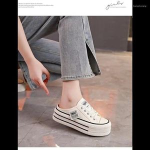 Slippers Canvas Women's Half 2024 Baotou Thin Breathable Outer Wear Thick Bottom Height Enhancement Flat Shoes