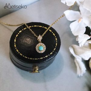 Colares Metiseko 925 Sterling Silver Silver Turquoise Center pendente Colar Retro Light Luxury Cara de Jóias Trendes para Mulheres Party