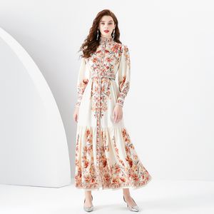 Весна осень винтажный цветочный принт стенд шеи ремень рукав с рукавом из рукава негабаритных макси -платье