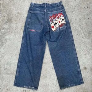 Projektant męski JNCO Jeans Y2K Harajuku Hip Hop Poker Graphic Retro Blue Buggy Denim Spods Mens Women Gothic High Taist Szerokie Spodnie 444