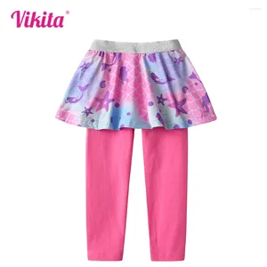 Брюки Vikita Girls Pink Leggings Дети фальшивые 2 штуки ПК с юбками Дети тощий эластичный карандаш.