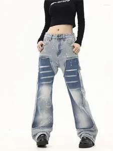 Dżinsy damskie obdarowane patchwork edge vintage street Cool Girl High Talies Proste spodnie Kobiece swobodne spodnie dżinsowe