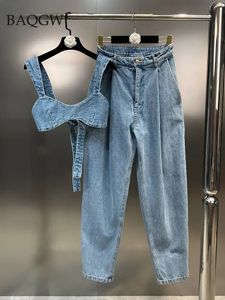 Jeans Streetwear Duas peças Conjunto de feminino Sexy com renda sem mangas e calças de jeans de cintura alta