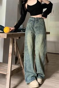 Kvinnors jeans brett ben för kvinnor hög midja kontrasterande rak byxa höst dam lös byxor streetwear