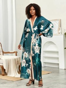 Strandabdeckung Frauen Kimono Strickjacke Langarm Satin Wrap Kleider gedruckt elegante Feiertags Beachwear Pareo 2024 Badeanzüge
