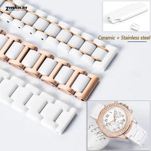 Quick release Ceramic Stainless steel women watch strap For any brand metal watchband Bracelet 12 14mm 16mm 18mm Rose gold white 240422