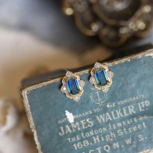 Earrings 925 Sterling Silver Royal Vintage Sapphire Blue Rectangular Zircon Diamond Stud Earring Gold Plated Women Bridal Wed Jewelry