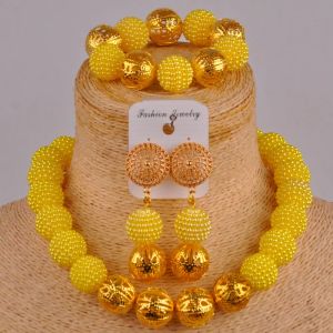 Naszyjniki kostium Naszyjnik żółty zestaw biżuterii symulowany perły Nigerian Wedding Wedding African Beads Zestawy biżuterii FZZ88