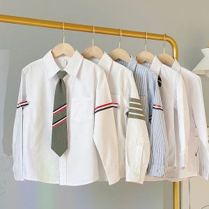 T-shirt 2023 Summer Boys Shirts Long Maniche senza cravatta camicia a strisce jk camicia da colletto bianco abiti da adolescente 6 8 10 12 14 anni