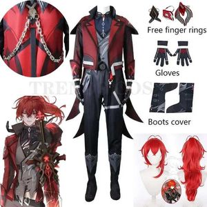 Anime kostymer diluc ragnvindr ny hud cosplay come hallown carnival kostym diluc röd död på natten full set outfit wig y240422