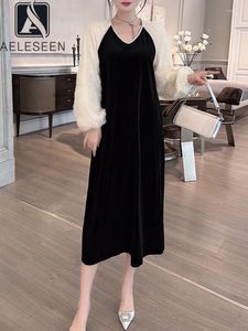 Casual Dresses Aeleseen Vintage Long Velvet Dress Women Designer Fashion Autumn Winter Lantern Sleeve 3D Flower Pearls Patchwork Black Loose Loose Loose Loose