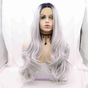 Designer Human Wigs Hair for Women Wig Womens Front Lace T cinza branco Cos longos cabelos cacheados com onda grande capa de fibra química