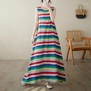 Casual Dresses Sleeveless Print Striped Thin Light Soft Loose Summer Tank Dress For Women Holiday Travel Style Beach Long Bohemia