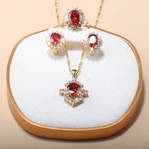 Necklaces France Luxury Gold Plated Red Jewelry Set For Women Dubai Bridal Wedding Necklace And Earrings African Set Adjustable Ring Size