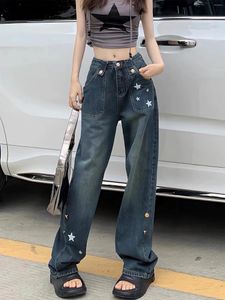 Damen Jeans Chic Retro Stars Print Frauenhose Harajuku lose geradlinige Weitbein -Denimhose Amerikanischer Freund Mopping