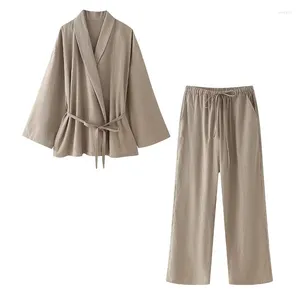 Women's Two Piece Pants Lace Up Pajama Style Sets For Women 2 Pieces Fashion Kimono Top Suit Set Outfit