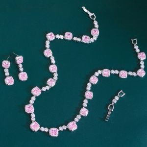 Halsband cwwzircons underbara fyrkantiga rosa kubiska zirkonia halsband bröllop bankett festival fest kostym brud smycken set för kvinnor t733